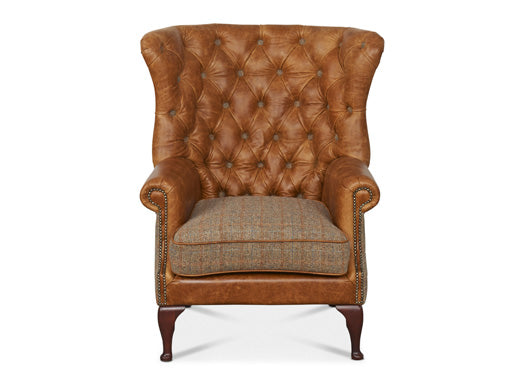 Brown Cerato Leather and Gamekeeper Thorn Harris Tweed Wing Wrap Armchair